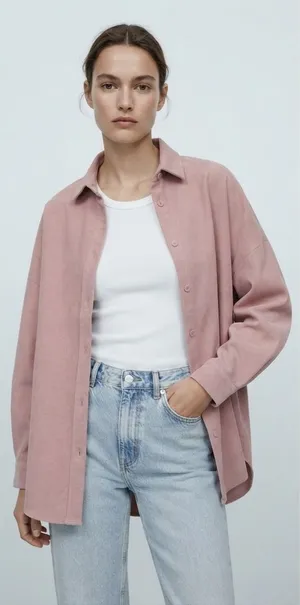 Zara‎ Corduroy Shirt Women Medium Pink Oversized Shacket Button Down Long Sleeve thumbnail 1