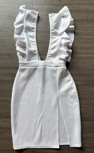 pretty little thing white frill plunge split leg bodycon dress thumbnail 1