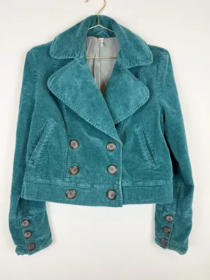 Free People Teal Corduroy Cropped Moto Jacket Size XS thumbnail 4