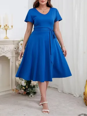 Women's Plus Size 3X Royal Blue Midi Dress with Waist Tie thumbnail 3