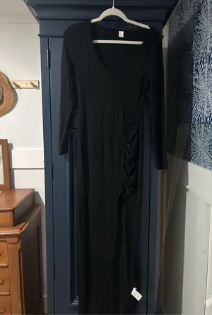 NEW Black Long Sleeve Slit Thigh Scoop Neck Dress S thumbnail 3