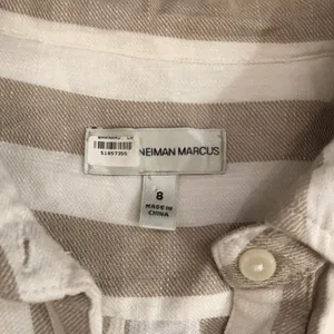 Neiman Marcus Cream Tan White Striped Button Up Down Shirt Mini Summer Dress Front Pockets-Size 8 #Minimalist #Designer #Luxury #Chic Measurement in pics thumbnail 3