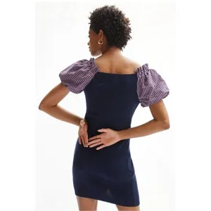 Maeve Anthropologie Ribbed Puff Sleeve Mini Dress Navy Gingham NWT‎ Size Small thumbnail 2