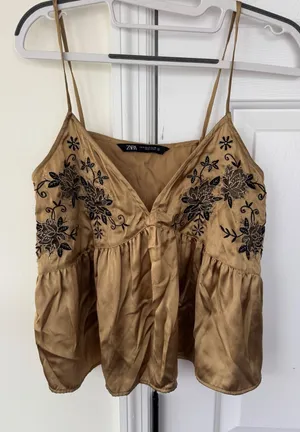 Zara Gold Satin Embroidered Camisole Top V-Neck Peplum Tank Small thumbnail 1