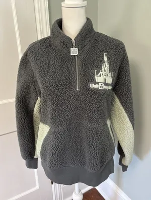 Disney Disneyland Spirit Jersey Sherpa Sweatshirt Pullover Fleece Woman‎ Grey Green XS thumbnail 1
