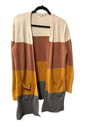 Madewell Colorblock Stripe Open Front Longline Cardigan Sweater Rust Cream Small thumbnail 1