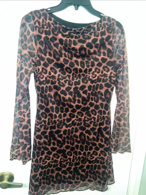 Leopard Print Bell Long Sleeve Sheer Dress - Brown Animal Print Y2k Mesh Sheer thumbnail 3