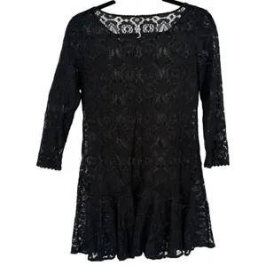 Free People Sheer Floral Lace Mini Dress 3/4 Sleeve Ruffle Hem Black Boho Size 0 thumbnail 4
