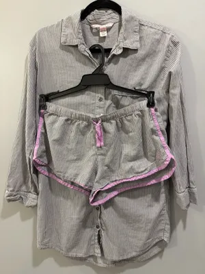 Victoria’s Secret Striped Embroidered Detail Long Sleeve Oversized Pajama Top and Shorts Set Grey and Purple thumbnail 1