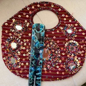 Red embroidered, beaded sequins and mirror work purse cloth clutch 10x6 inch thumbnail 4