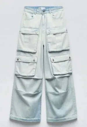 Zara Women Light Wash Multi Pocket Cargo Wide Leg Denim Jeans High Rise SIZE 4 thumbnail 1