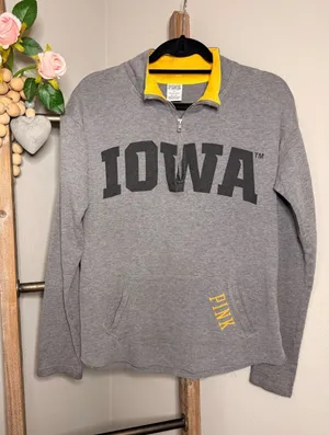 PINK Victoria's Secret Iowa Hawkeyes Quarter Zip Pullover Gray Yellow Medium thumbnail 1