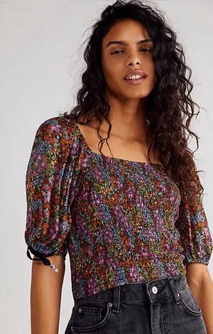 Free People Floral Puff-Sleeve Crop Top in Multi Colors thumbnail 1