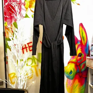G86. Good American black maxi dress with tie waist and long sleeves. thumbnail 2