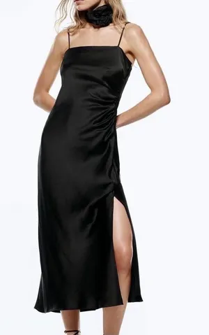 Zara Black Satin Slip Midi Dress with Thigh Slit thumbnail 1