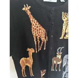 Marisa Cristina 90s Vintage Black Embroidered Safari Animal Cardigan Size Large thumbnail 3