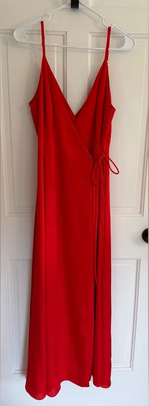 Free People x Fame & Partners Dea Red Satin Wrap‎ Maxi Dress Size 8 thumbnail 1