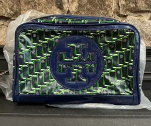 Tory Burch Rain Boot Large Cosmetic Case Bag Navy Galoshes 416 Blue Green NWT thumbnail 1