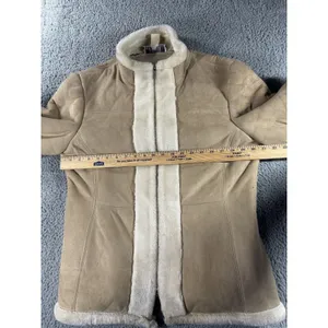 Faux‎ Suede Shearling Jacket Women Tan Faux Fur Trim Zip Up Coat thumbnail 3