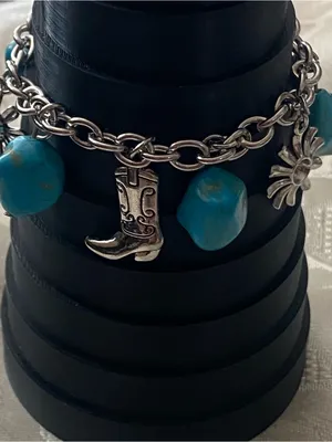 6.5” To 9” Bracelet Coywboy Boot & Flower Faux Turquoise Chunks Western Cowgirl thumbnail 1