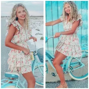 Love The Label Mini Dress Small Pink Green Ines Floral Printed Tiered Ruffle thumbnail 3