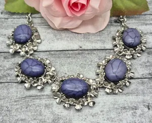 Silver-Tone Necklace W/ Purple Marble Stones & Floral Accents 21" Chain Length thumbnail 1