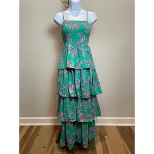 Entro Green Pink Floral Ruffle Dress Size M Square Neck Layered Boutique thumbnail 8