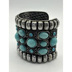 Boho Silver Tone Tuquioise Blue Cabochon Rhinestone Cuff‎ Bracelet Chunky thumbnail 6