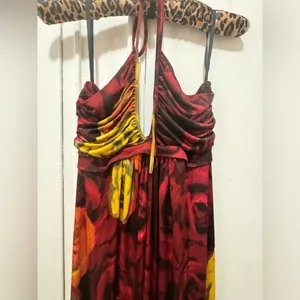 Alice + Olivia Silk V-Neck Halter Top Maxi Dress Red Orange Roses Size Large thumbnail 7