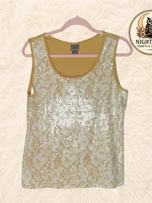 Covington Sequin Lace Tank Top ~‎ Shimmer Sleeveless Blouse Gold ~ Size Large thumbnail 5