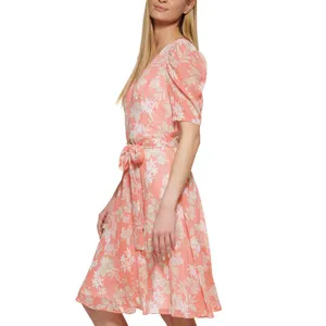 Tommy Hilfiger Womens Tie Front Printed Capelet Fit & Flare Dress Coral Pink 8 thumbnail 9