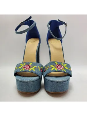 Heart in D Blue Denim Floral Embroidered Platform Heels Sandals Size 8 thumbnail 9