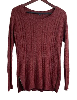 American Eagle Womens Sweater M Rust Cable Knit Crew Neck‎ Pullover Zipper Sides thumbnail 1