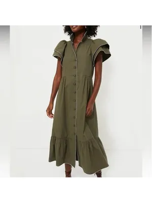Tuckernuck Olive Green Alice Button Front Midi Dress Collar V Neck Scallop S thumbnail 3