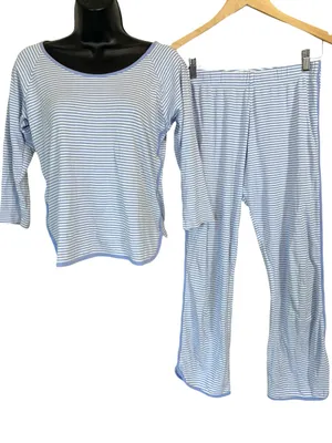 LAKE Pima Cotton Long-Long Pajama Set Hydrangea Preppy Blue Stripe thumbnail 1