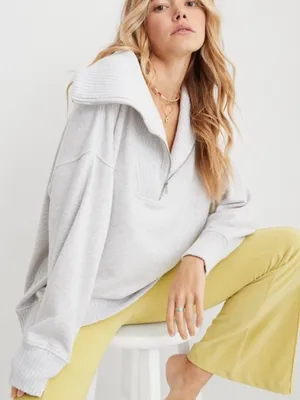 aerie Women’s Down To Earth Quarter-Zip Sweatshirt Oversized Pullover in Gray XS thumbnail 1