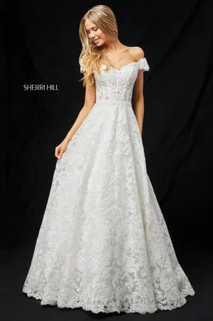 Sherri Hill 51573 Ivory Metallic Lace Ball Gown Off Shoulder Sweetheart Sz 00 thumbnail 1