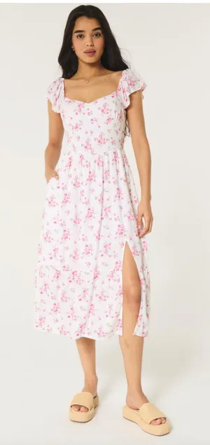 (C143) Hollister Pink White Floral Midi Dress XXL Petite V-Neck Flutter Sleeve thumbnail 1