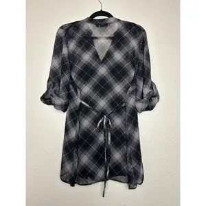 APT 9 Women's L Black Plaid‎ Ruffle Sheer Top w/ Black Tank Top Soft Goth Grunge thumbnail 3