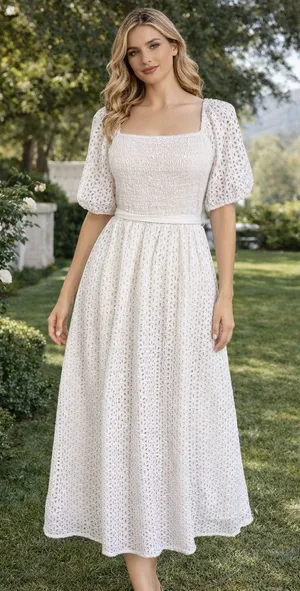 Kensie White Eyelet Midi Dress Smocked Feminine Romantic Puffy Sleeve Size 14 thumbnail 1