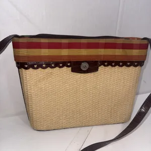 Vintage Brighton Style Y2K Handbag Brown‎ Leather Hearts Trim Plaid Straw Purse thumbnail 5