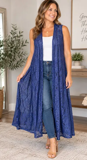 LuLaRoe Womens Size Large Blue Floral Lace Long Duster Vest Sleeveless Open thumbnail 1