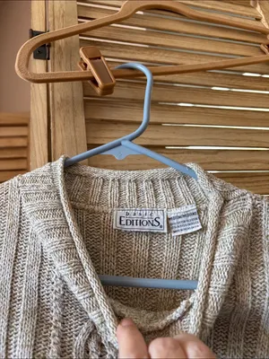 Basic Editions Neutral Beige Cable Knit Short Sleeve Sweater Medium thumbnail 3