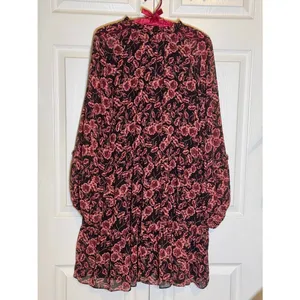EXPRESS XL Black Mini Dress Black Rose Pink Floral Print Chiffon Flowy Flirty thumbnail 5
