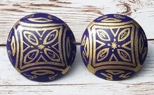 Vintage Clip On Earrings Large Statement Earrings Violet with Gold Tone Pattern thumbnail 1