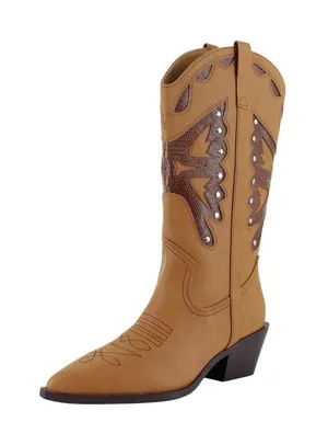 NWT Madden Girl Faux Leather Stud Pointed Toe Western Boots Natural Brown 8M thumbnail 1