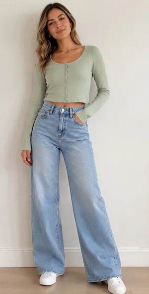 Hollister‎ Sage Green Ribbed Button Front Long Sleeve Cropped Top Womens Medium thumbnail 1
