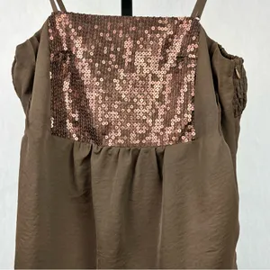 Lulumari Tank Top Womens Medium Brown Sequins Front Smocking Waist Satin Blouse thumbnail 3