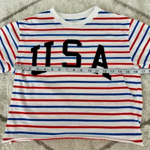 Mighty fine USA Striped Short Sleeve Crop Top Patriotic Tee Sz Medium thumbnail 6