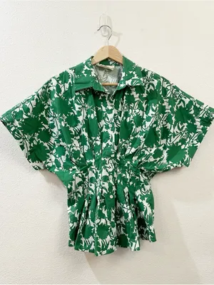 Anthropologie Exquise The Tobie Short-Sleeve Pleated Blouse in Green Size XXS thumbnail 4